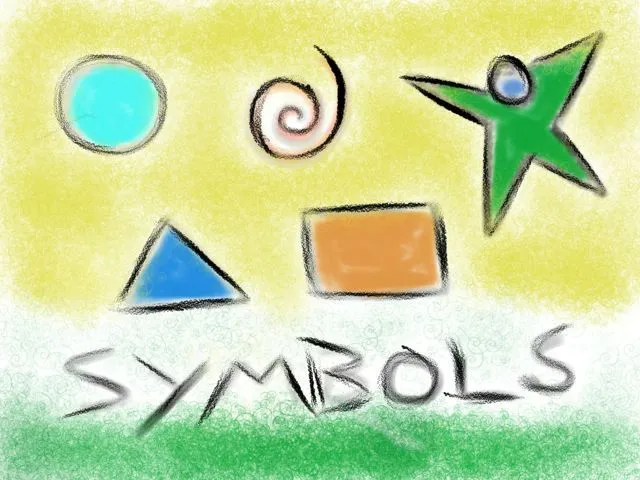 Five hand-drawn basic symbols: a circle, a spiral, a star-shaped figure, a triangle and a rectangle, with the word 'SYMBOLS' below.