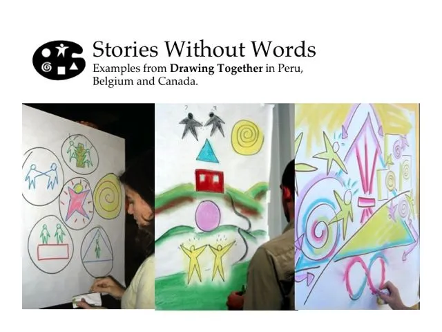 Drawing Together sessions in Peru, Belgium and Canada: participants drawing stories together using the five symbols on large sheets of paper.